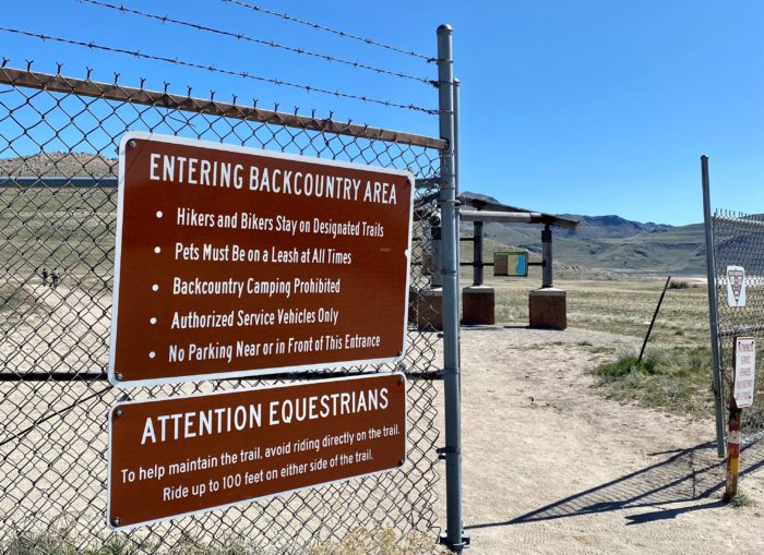 Backcountry trailhead sign at Antelope Island State Park, Utah