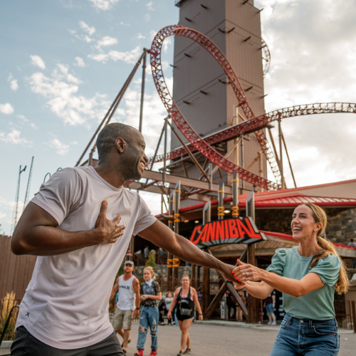 Couple about to ride The Cannibal at Lagoon Amusement Park