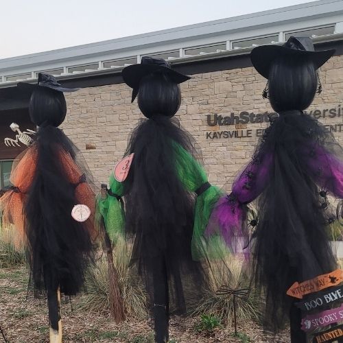 three black pumpkin scarecrow witches at Scarecrow Walk at USU Botanical Center